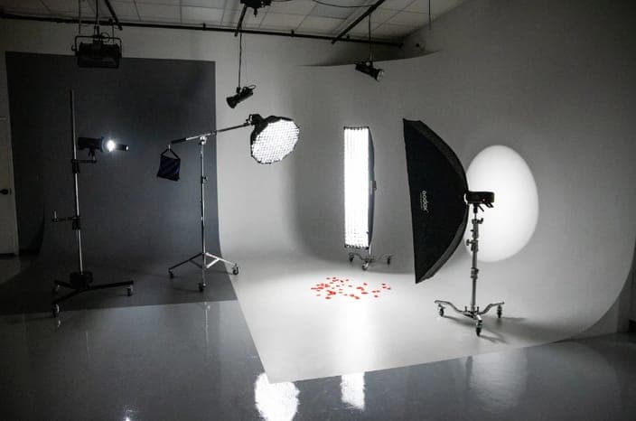 The studio setup: softboxes and spotlights on a white cyc wall