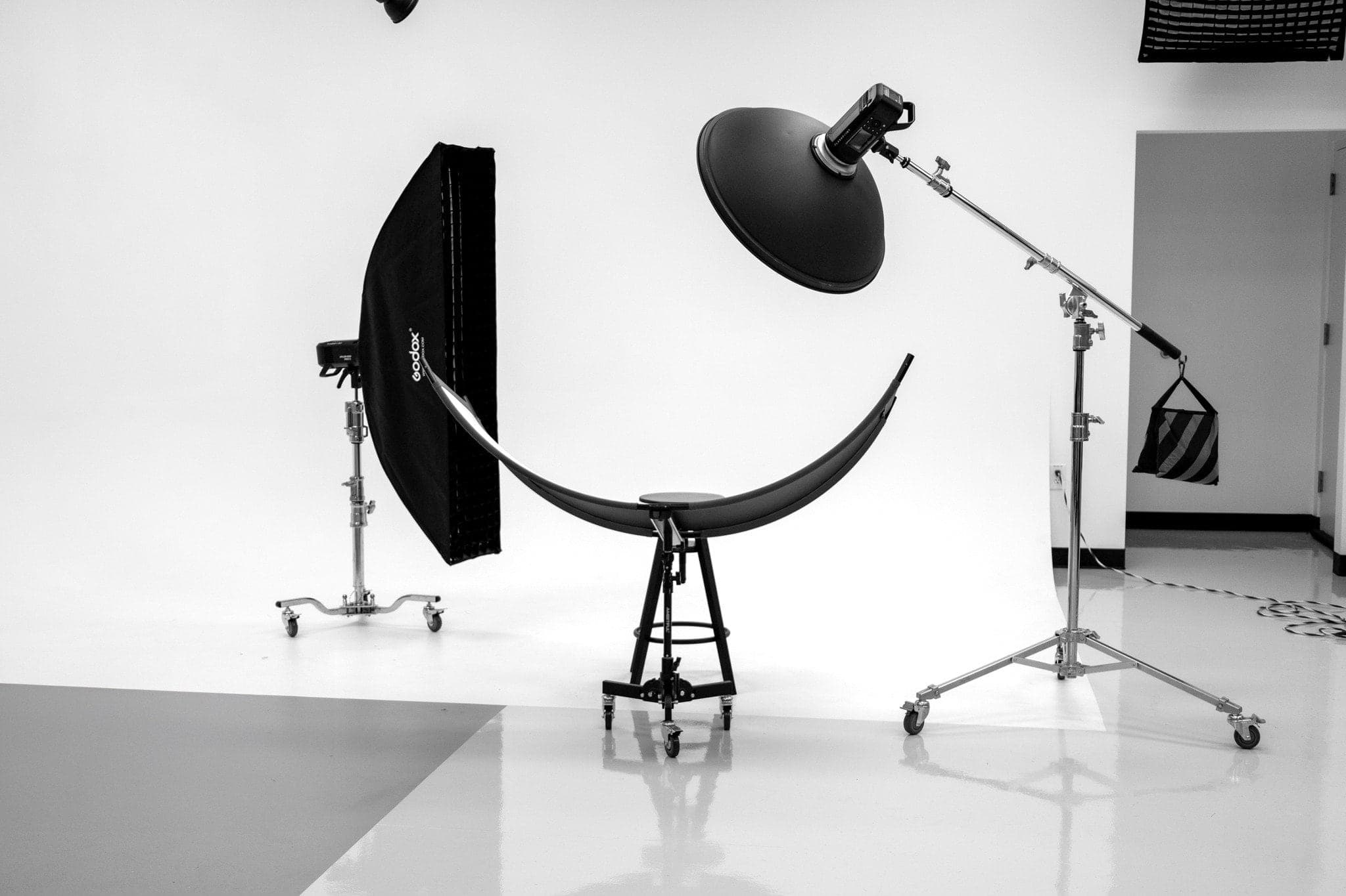 Studio strobes and modifiers on stands